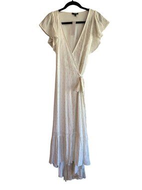 DREW Womens Wrap Maxi Dress S Ivory Gold Metallic Flutter Sleeve Hi Low NWT